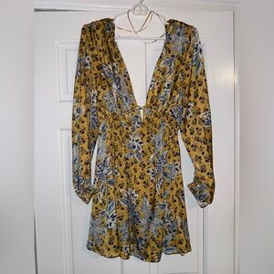 Free People Yellow and Blue Floral Long Sleeve Dress